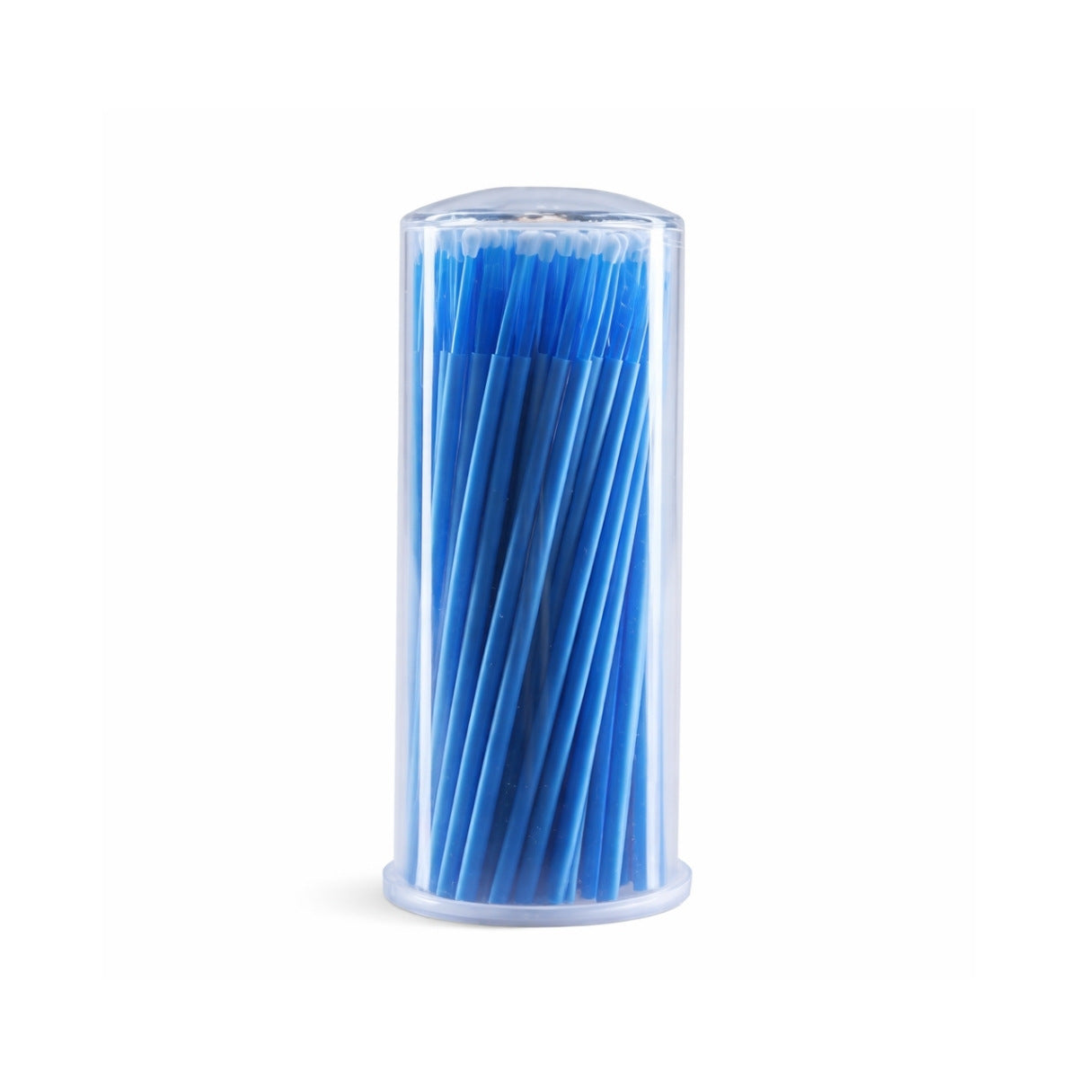 Clear cylindrical container filled with blue blue micro brushes white background