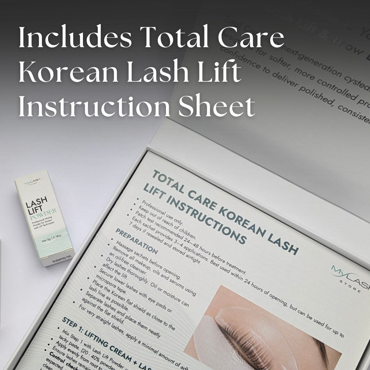 Korean lash lift instruction sheet with Lash Lift Powder box