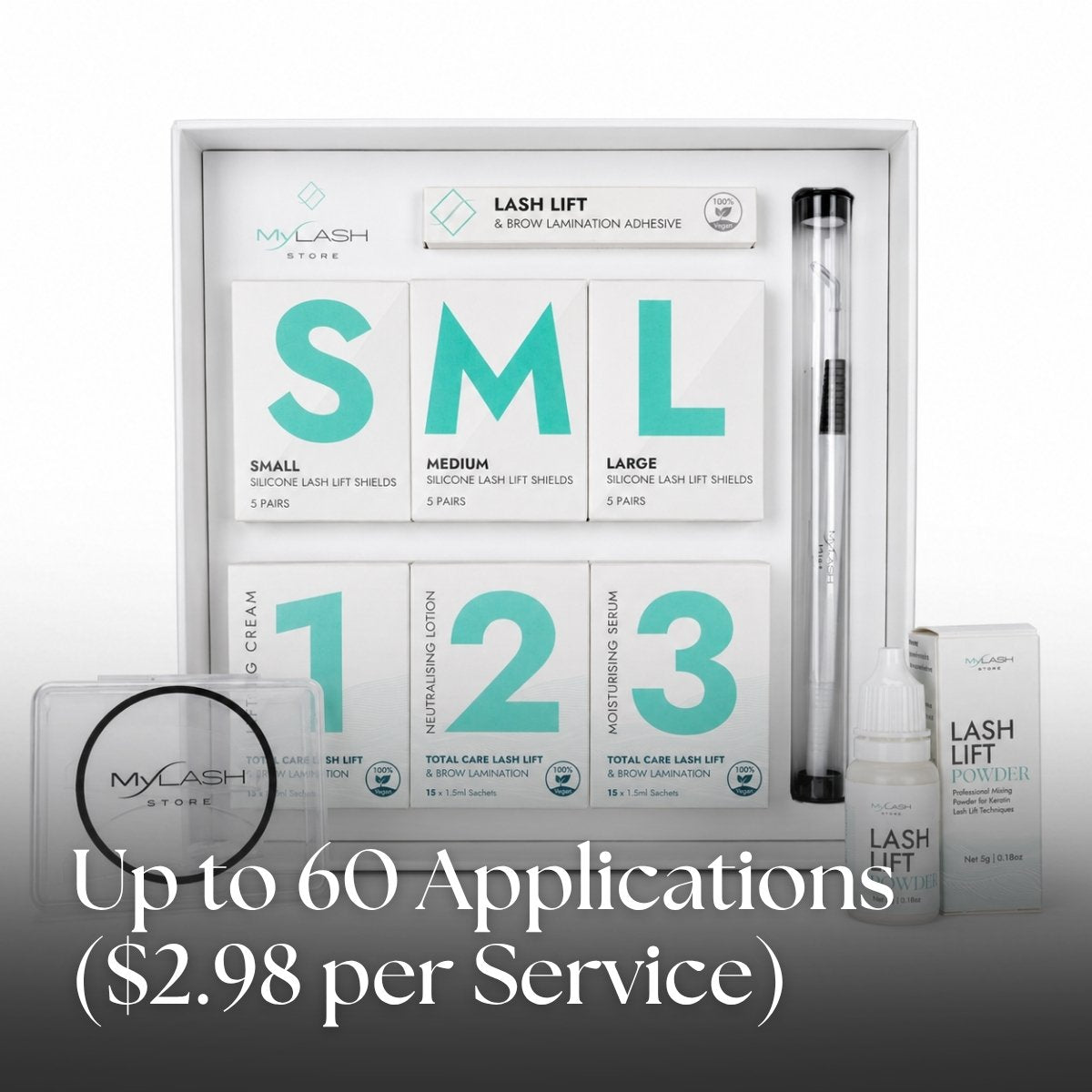 Korean Lash Lift Kit with included products and accessories for up to 60 applications
