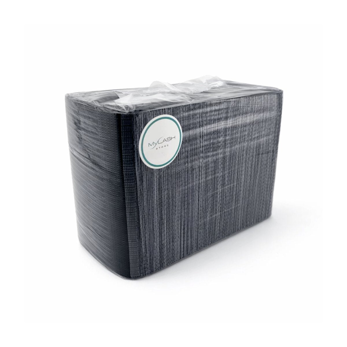 Packaged lash pillow head covers in black with a visible brand label on a white background