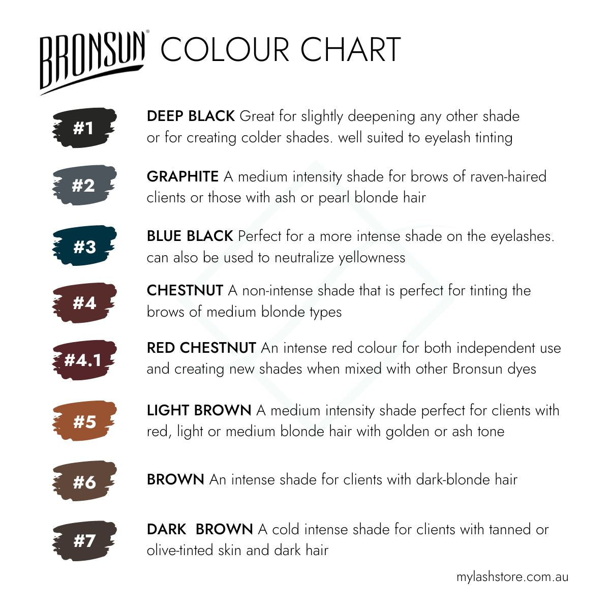 Bronsun Lash &amp; Brow Gel Dye Colour Chart - My Lash Store