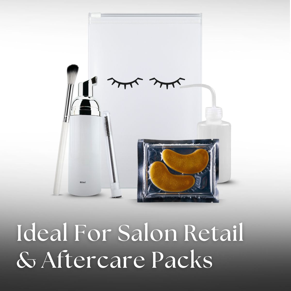 Salon retail and aftercare packs including a white container, brush, and eye mask on a light gray background.