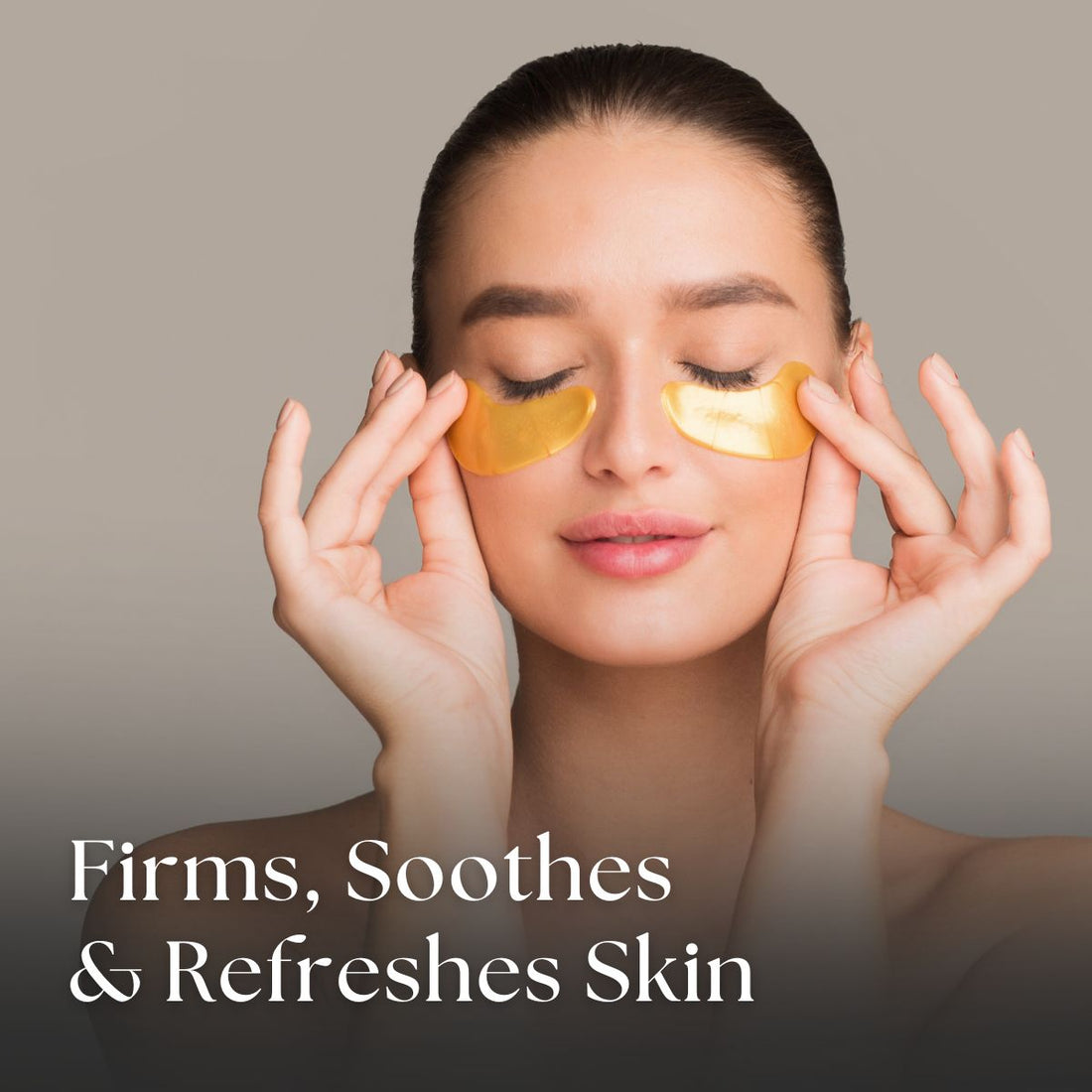 Woman wearing gold collagen eye patches with text &