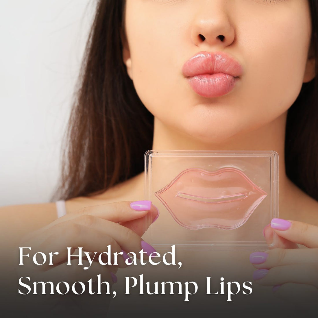 Woman holding a lip mask with text &