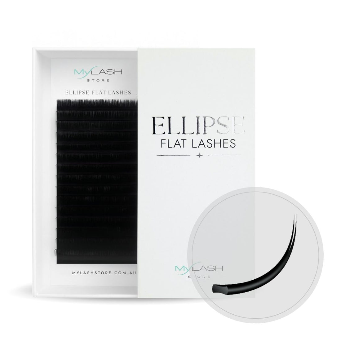 My Lash Store Ellipse Flat Lashes packaging with a pair of lashes on a white background