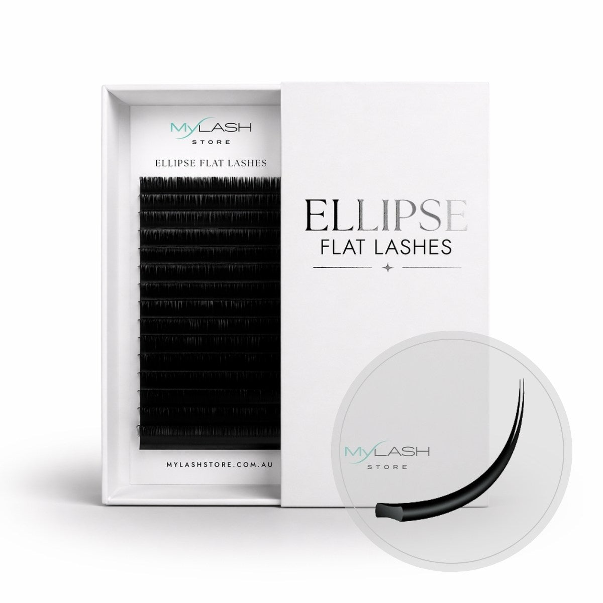 My Lash Store Ellipse Flat Lashes packaging with a pair of lashes on a white background