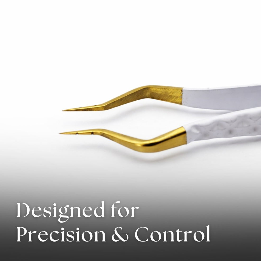 Gold and white tweezers on a gradient background with text &