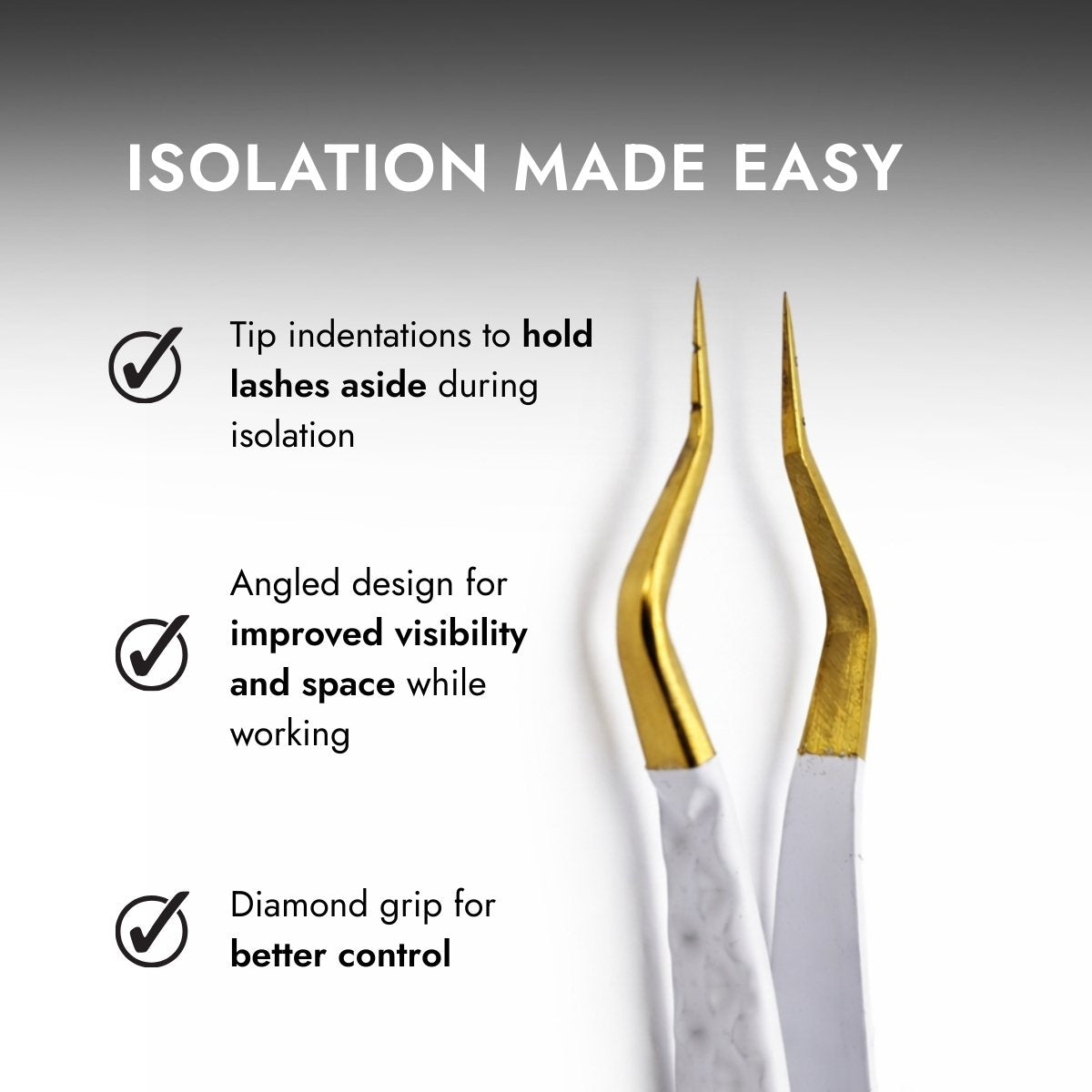 Gold eyelash extension tools with text highlighting features on a gray background