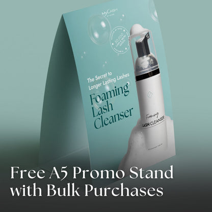 Foaming Lash Cleanser packaging with a free A5 promo stand offer on a gradient background