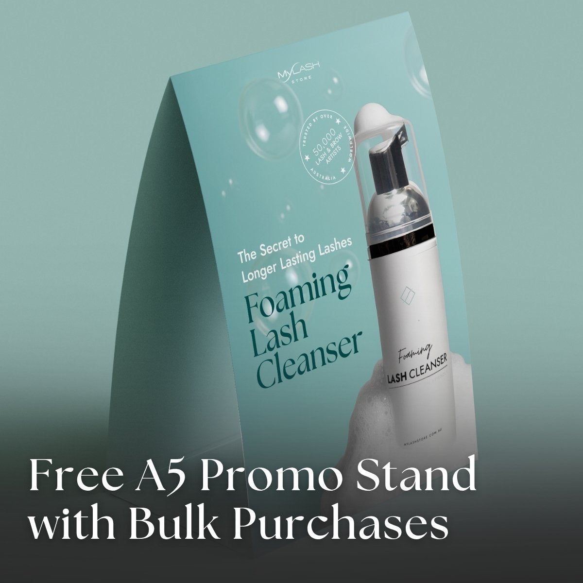 Foaming Lash Cleanser packaging with a free A5 promo stand offer on a gradient background