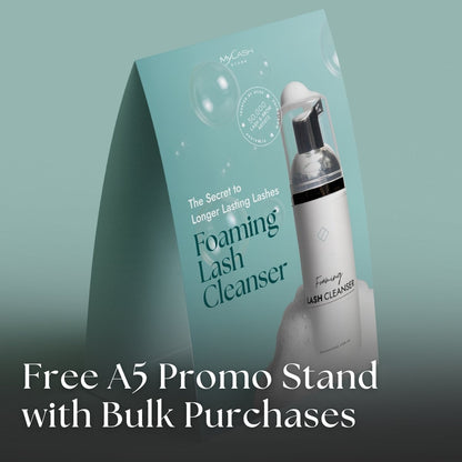 Foaming Lash Cleanser packaging with a free A5 promo stand offer on a gradient background