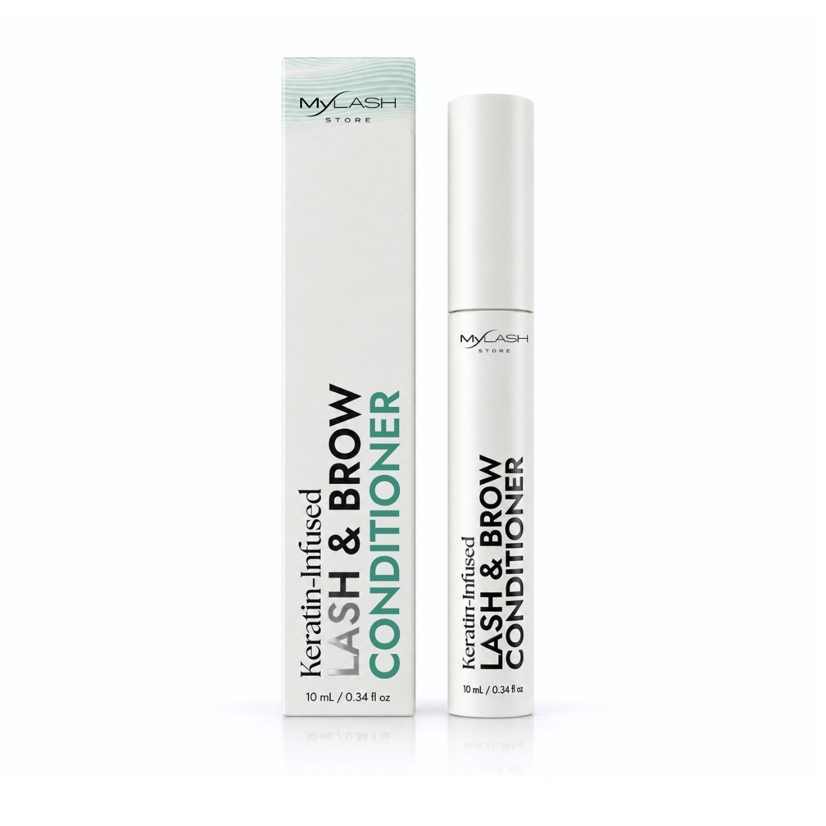 Keratin-infused lash and brow conditioner with packaging on a white background