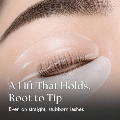 Lash lift treatment showing lashes secured on silicone shields during processing
