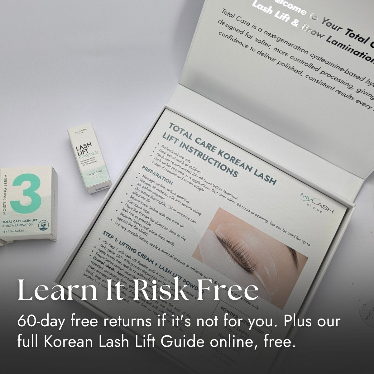 Korean Lash Lift Kit with instruction guide and kit contents