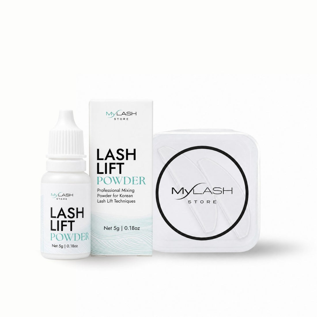Lash Lift Powder bottle, box and flat Korean shields in case