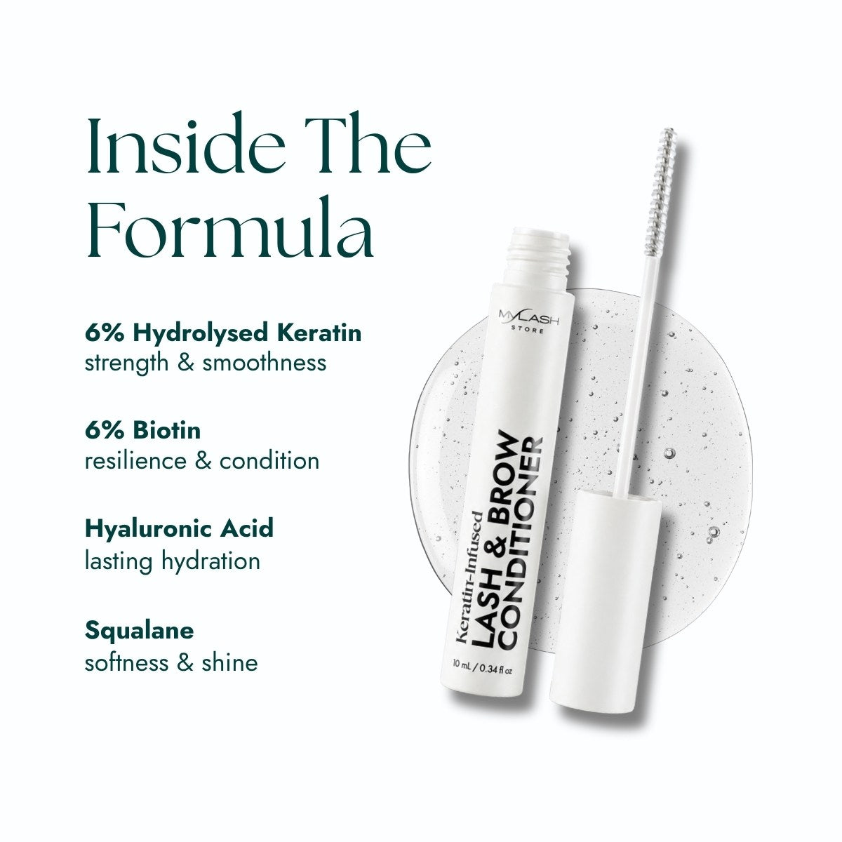 Lash and brow conditioner with text detailing the formula ingredients on a white background