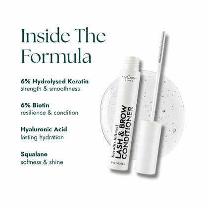 Lash and brow conditioner with text detailing the formula ingredients on a white background