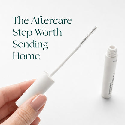Mascara wand held by a hand with text &