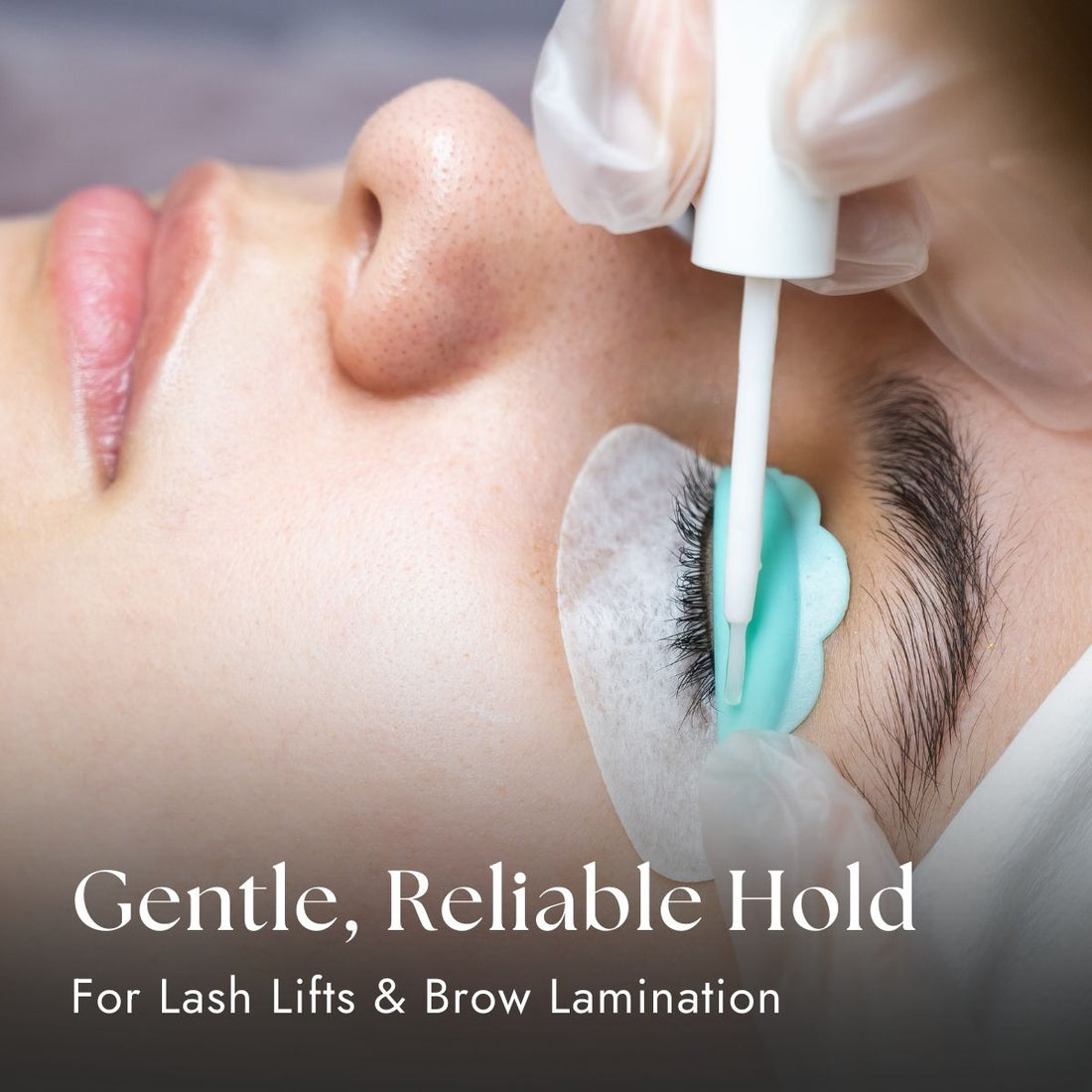 Person receiving lash lift or brow lamination with text &