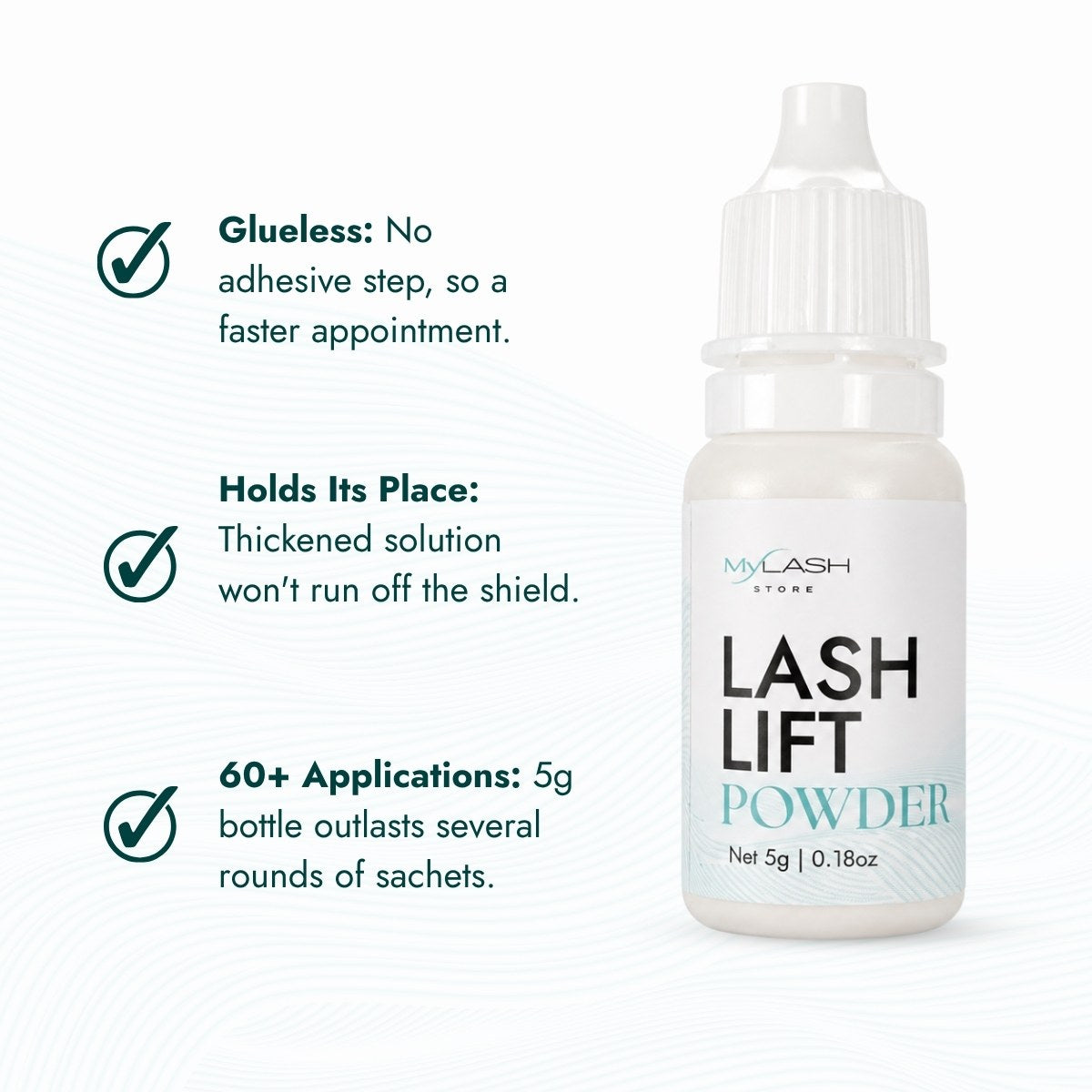 Lash Lift Powder highlighting glueless application, thickened formula and up to 60 applications
