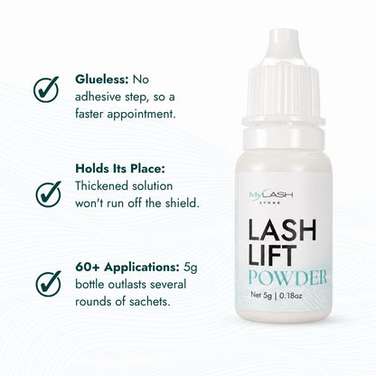Lash Lift Powder highlighting glueless application, thickened formula and up to 60 applications