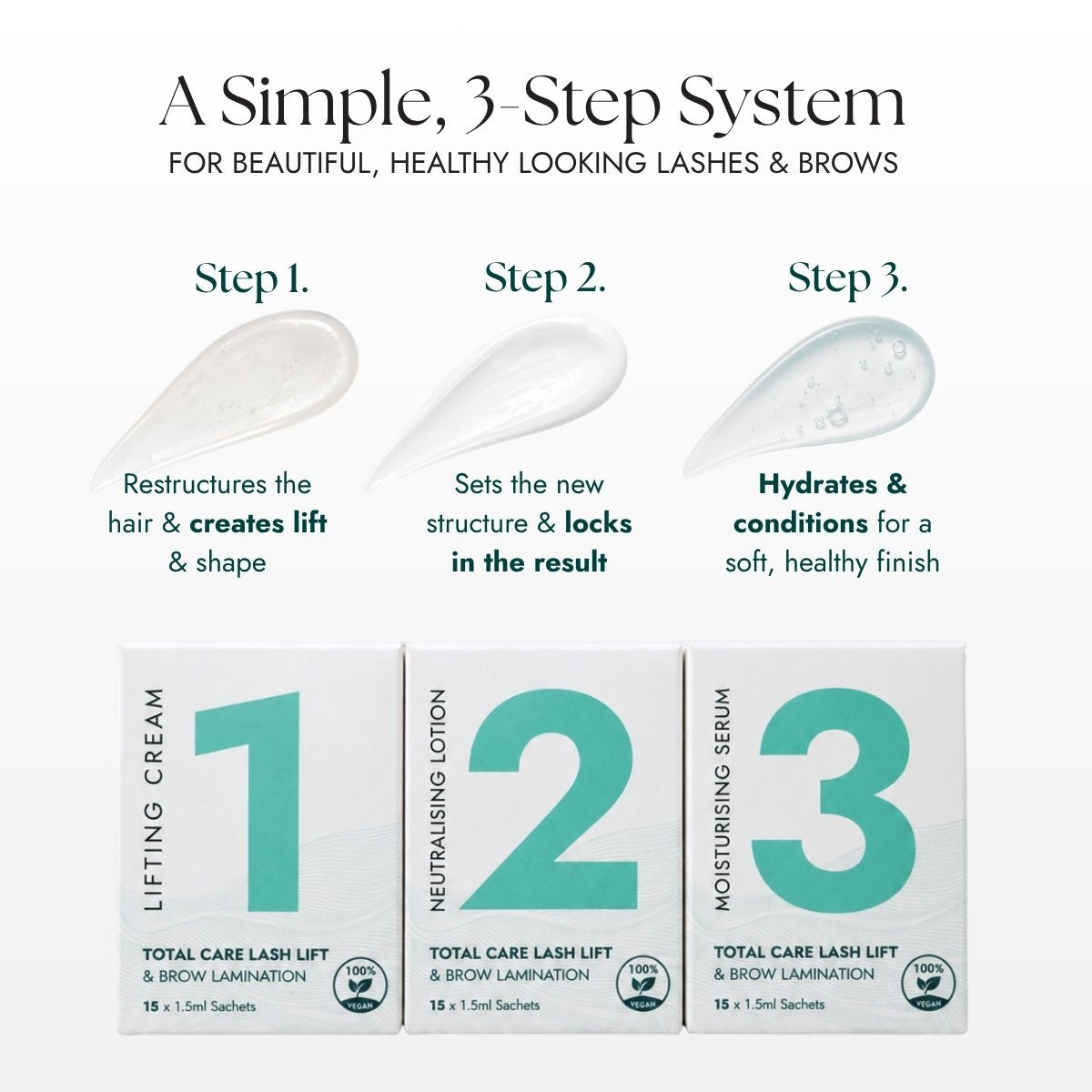 Korean Lash Lift Kit three-step system with lifting cream, neutralising lotion and moisturising serum