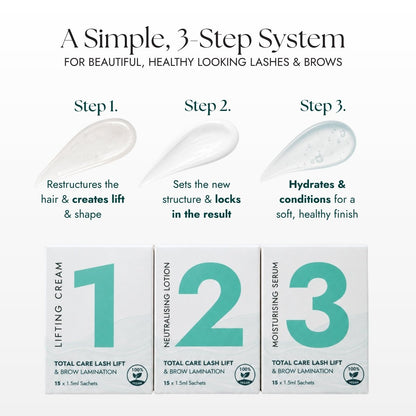 Korean Lash Lift Kit three-step system with lifting cream, neutralising lotion and moisturising serum