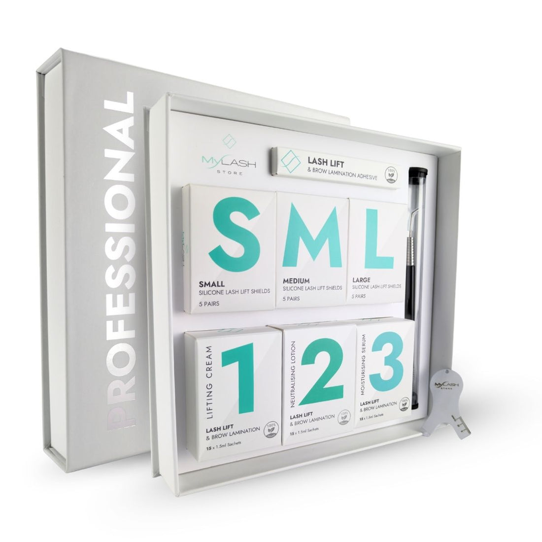 Lash lift &amp; brow lamination kit with labeled boxes in a clear packaging box on a white background