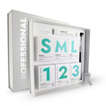 Lash lift &amp; brow lamination kit with labeled boxes in a clear packaging box on a white background