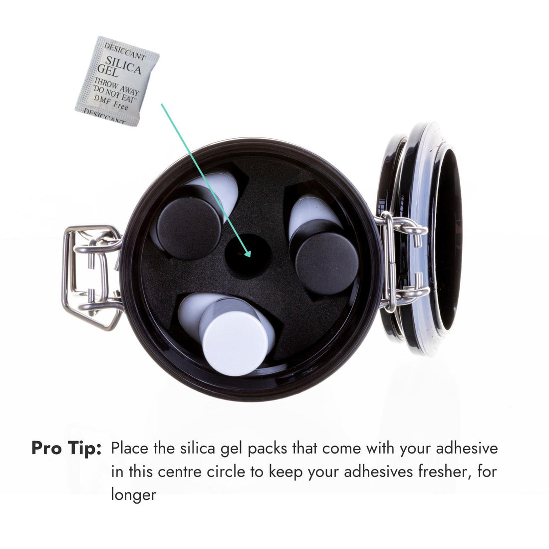 Place the silica gel packs that come with your adhesive in this centre circle to keep your adhesives fresher, for longer