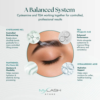 Total  Care lash lift &amp; brow lamination system main ingredients graphics on a white background
